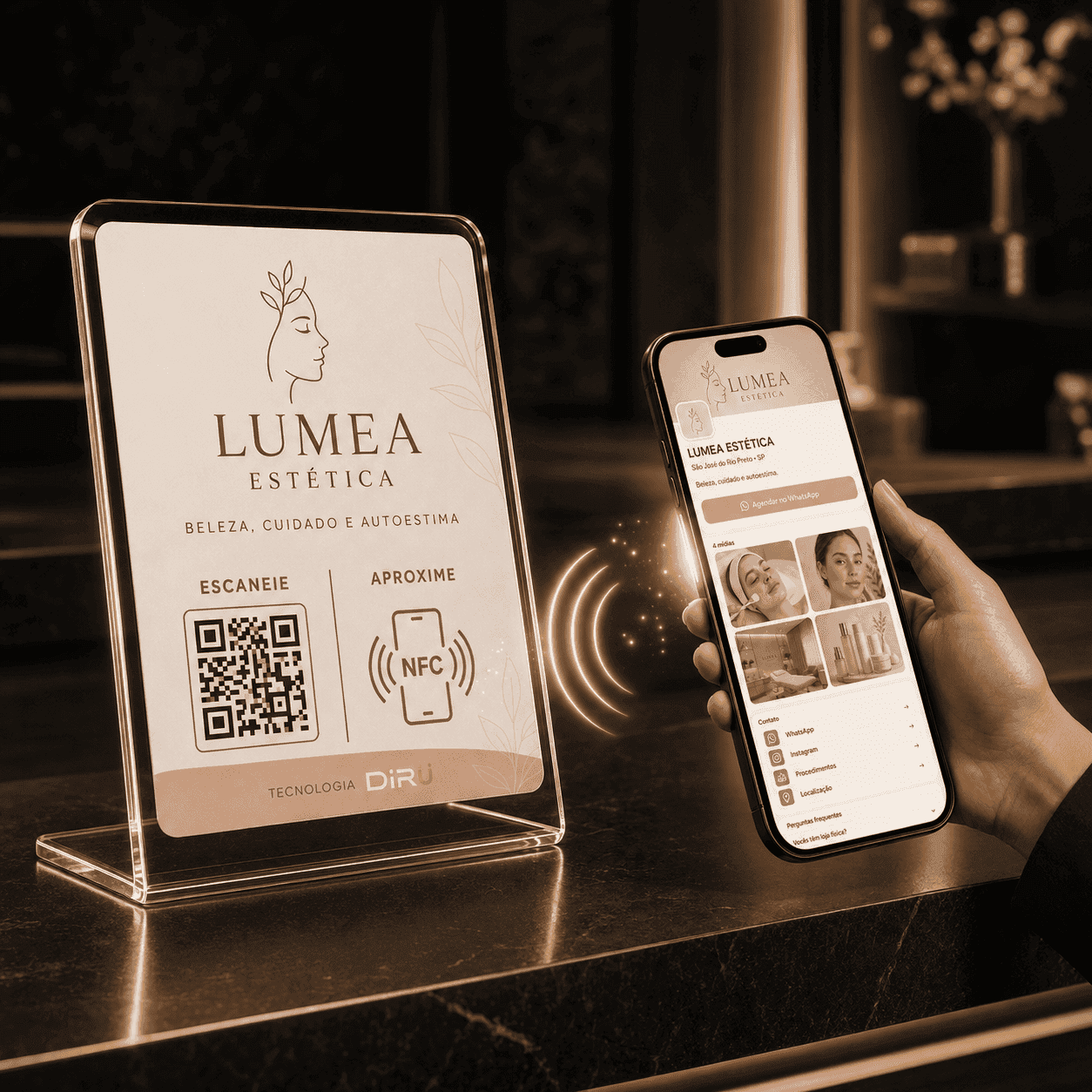 Display NFC DiRU ao lado de um celular exibindo uma página profissional