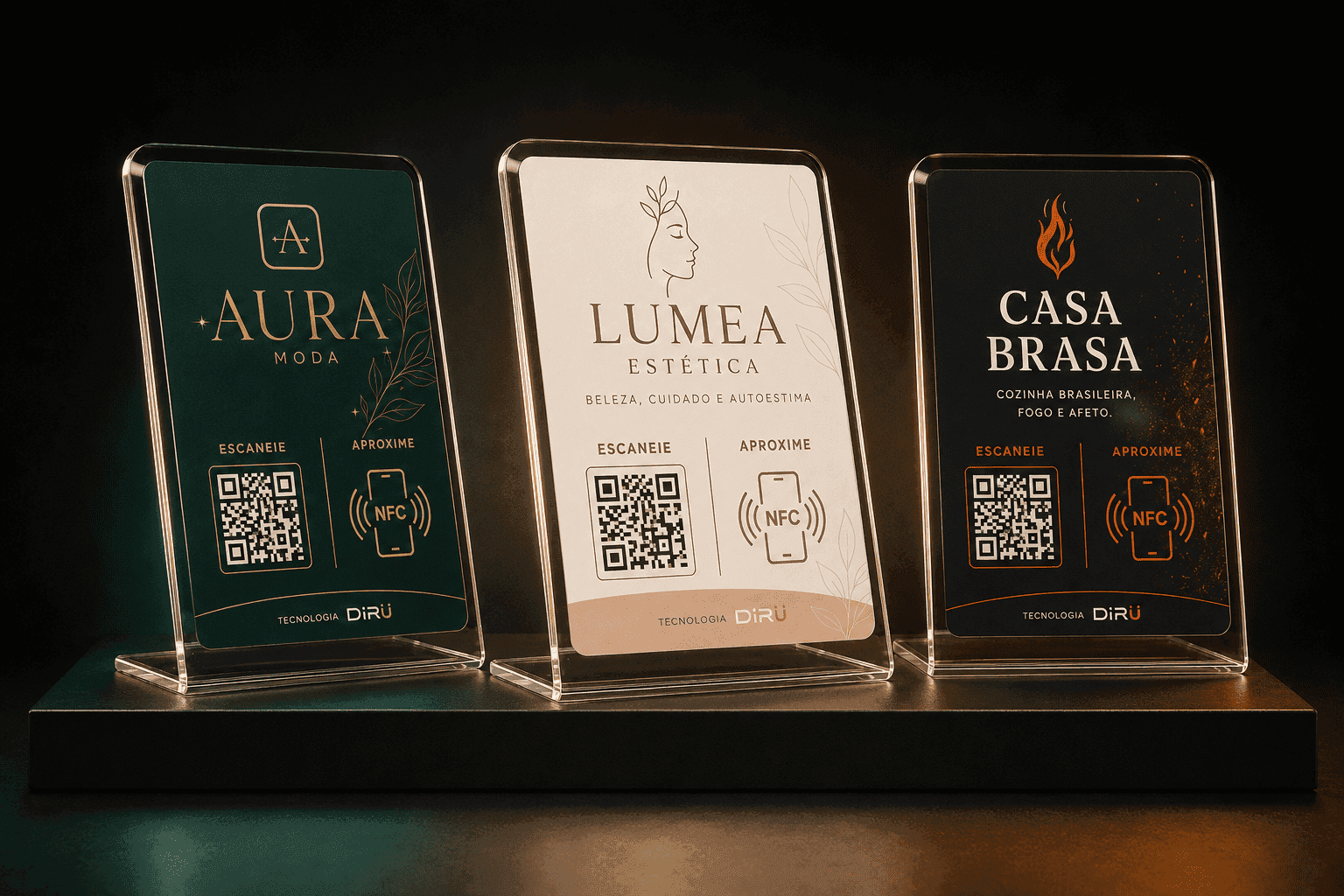 Displays NFC DiRU personalizados para moda, estética e restaurante