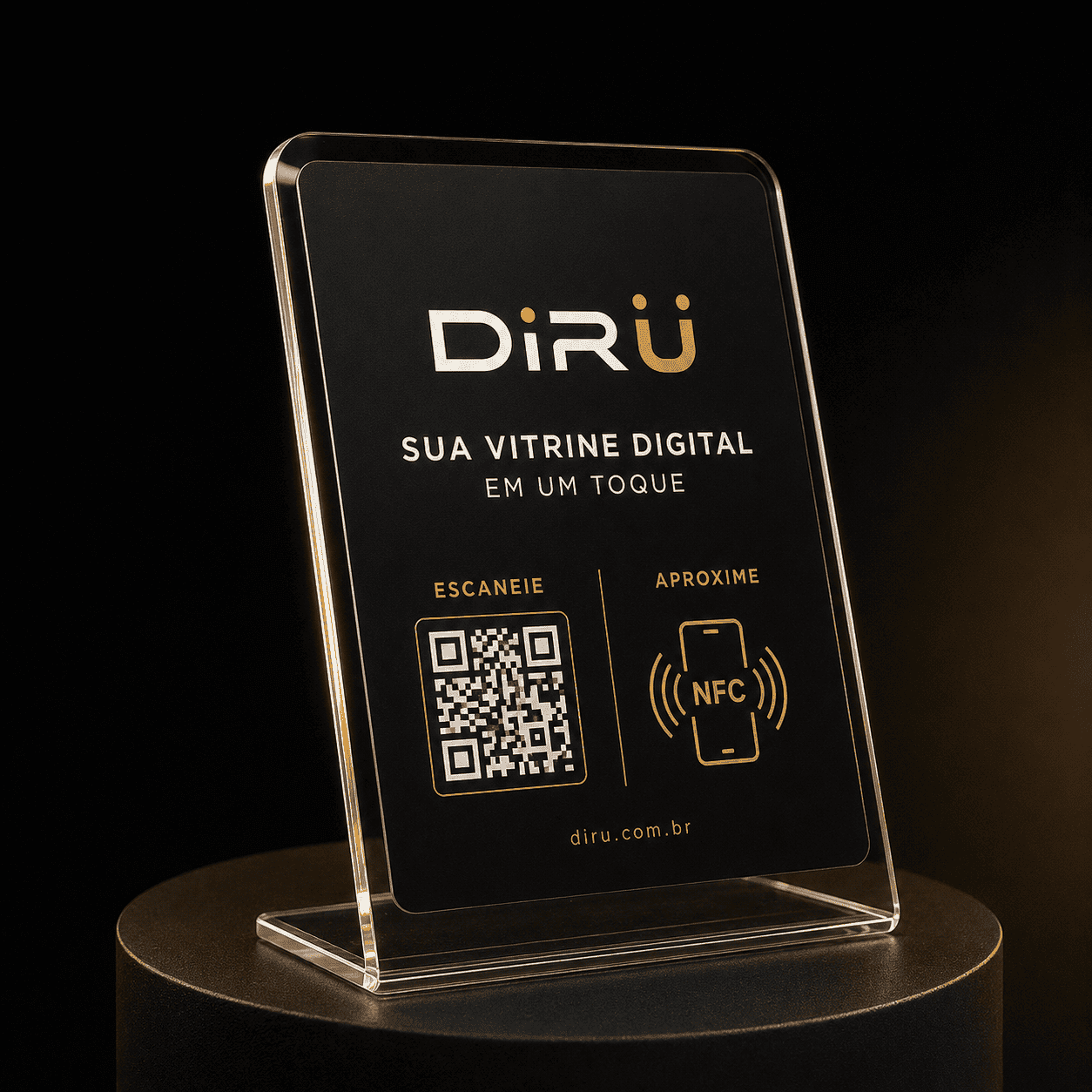 Display NFC DiRU Premium em acrílico preto e dourado